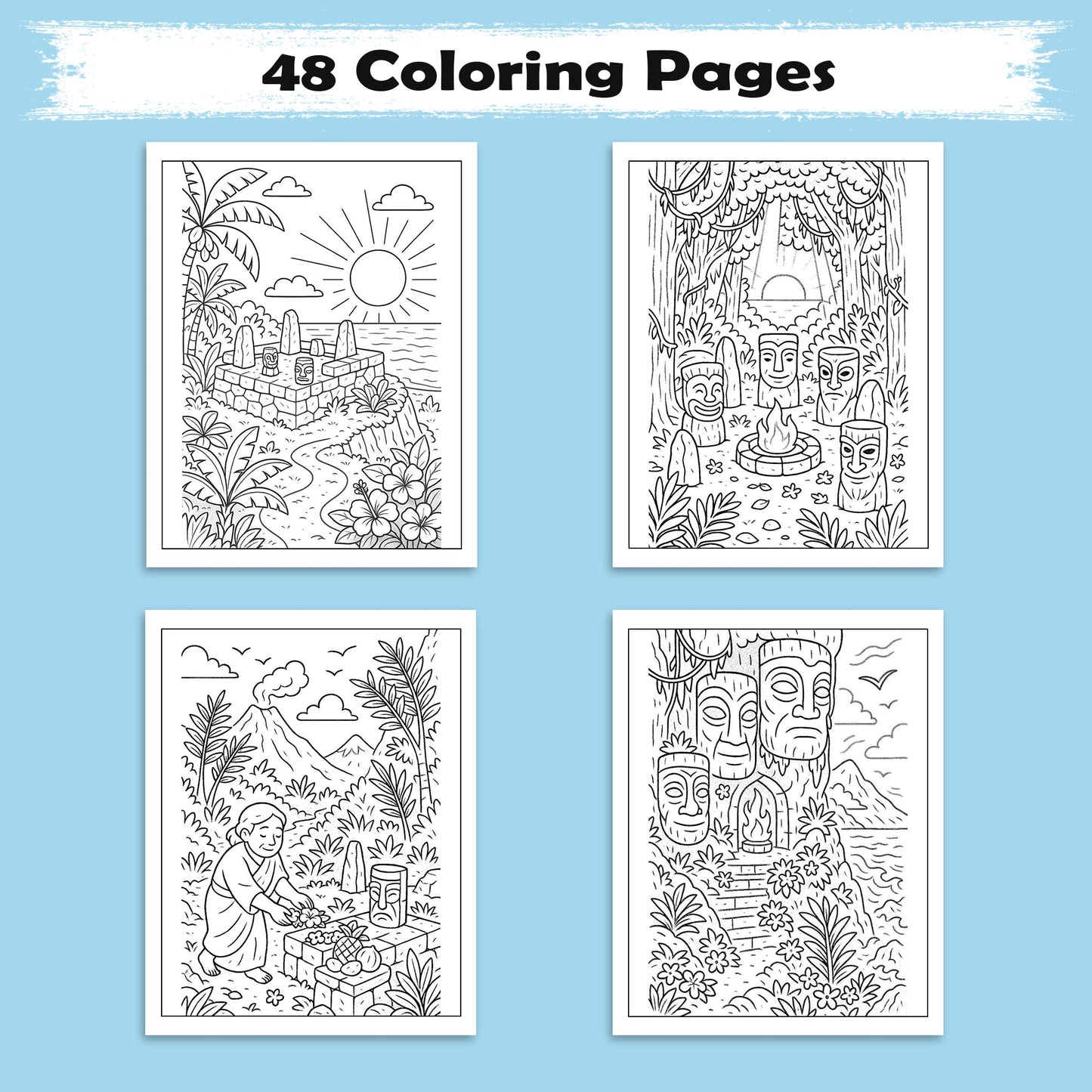Sacred Hawaii Coloring Pages – 48 Legendary Temples & Tiki Scenes for Adults