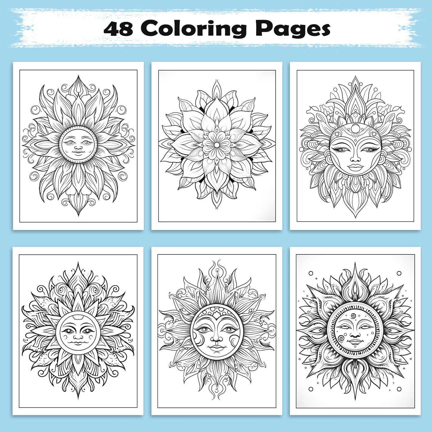 Celestial Radiance – Sun Mandala Coloring Pages – 48 Relaxing Designs for Adults