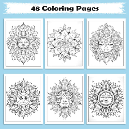 Celestial Radiance – Sun Mandala Coloring Pages – 48 Relaxing Designs for Adults