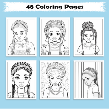 Braided Queens – Black Girls Coloring Pages – 48 Pages – Stylish, Empowering, Diverse Hairstyles – For Kids