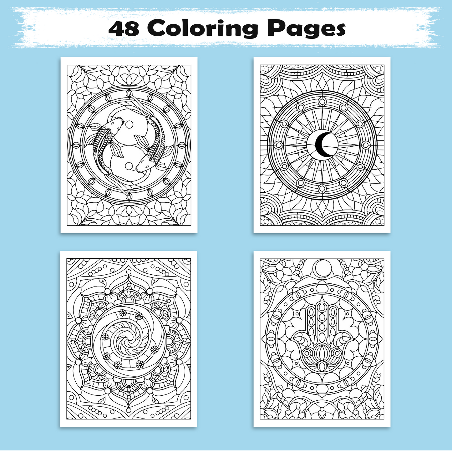 Sacred Window Mandalas – Mandala Coloring Pages – 48 Pages – Bold, Geometric, Stained Glass Style – For Adults