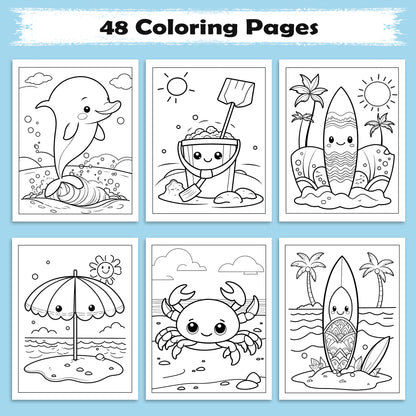 Beach Buddies Hawaii Coloring Pages – 48 Kawaii Surf & Sea Creatures – For Kids