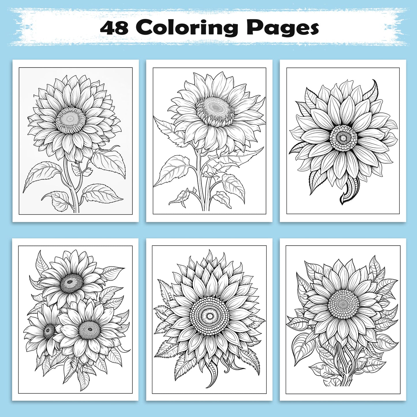 Sunflower Bloom Mandala Coloring Pages – 48 Floral Line Art for Adults