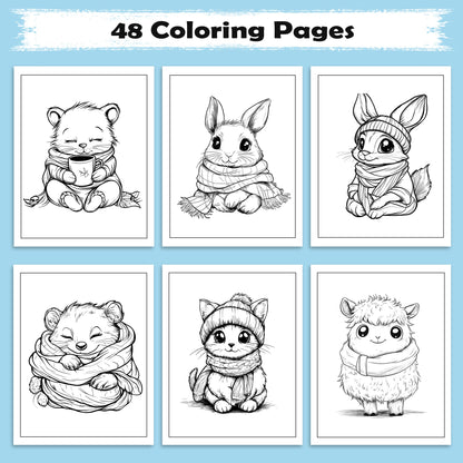 Cozy Critters Coloring Pages – 48 Pages – Cute Animals in Cozy Scenes – For Kids