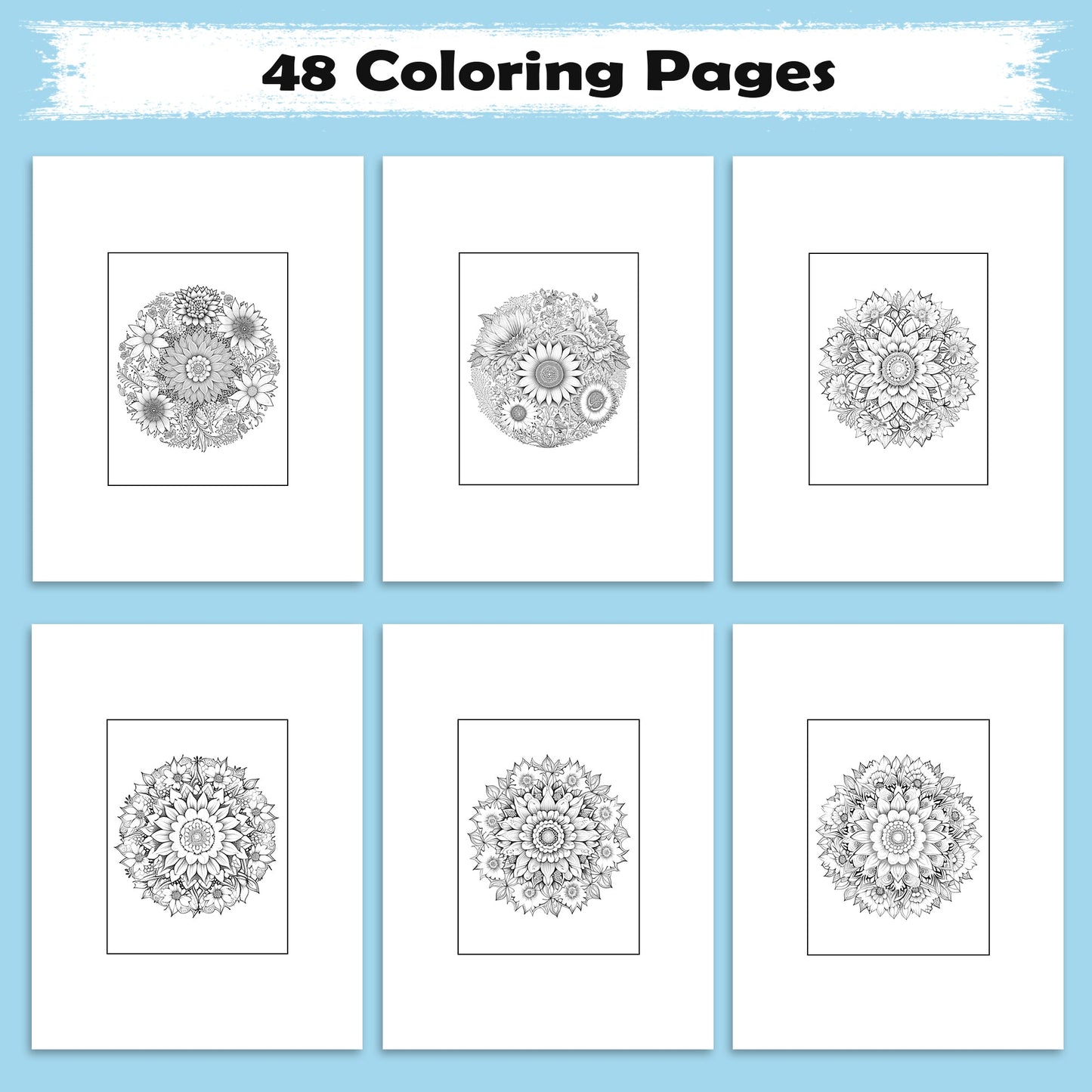 Radiant Blooms Coloring Pages – 48 Pages – Floral Mandala Patterns, Garden Flowers – For Adults