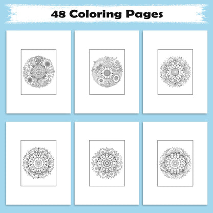 Radiant Blooms Coloring Pages – 48 Pages – Floral Mandala Patterns, Garden Flowers – For Adults
