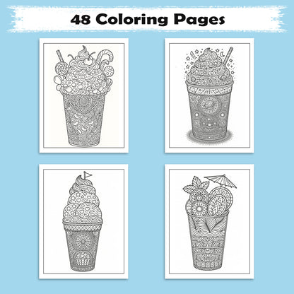 Fantasy Desserts & Drinks Mandala Coloring Pages – 48 Intricate Tropical and Space-Themed Treats for Adults