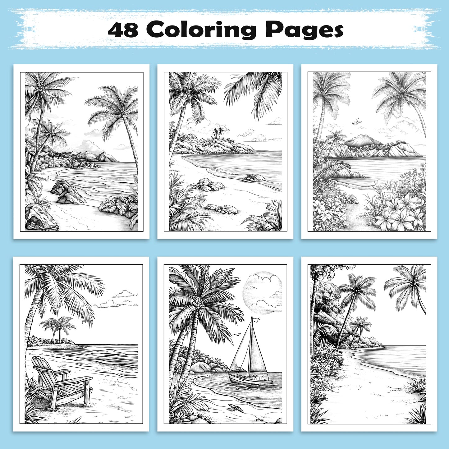 Tropical Shores of Hawaii Coloring Pages – 48 Beach Scenes and Island Life – For Adults