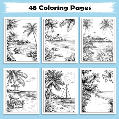 Tropical Shores of Hawaii Coloring Pages – 48 Beach Scenes and Island Life – For Adults