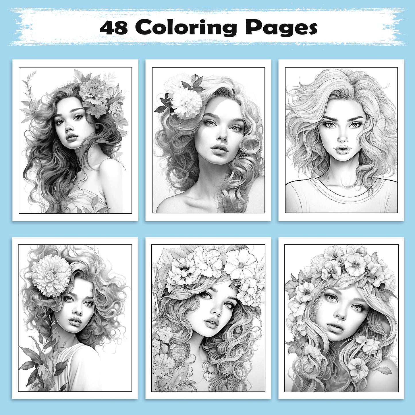Cozy Blossom Girls Coloring Pages – 48 Relaxing Line Art Illustrations for Adults