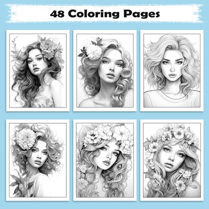 Cozy Blossom Girls Coloring Pages – 48 Relaxing Line Art Illustrations for Adults