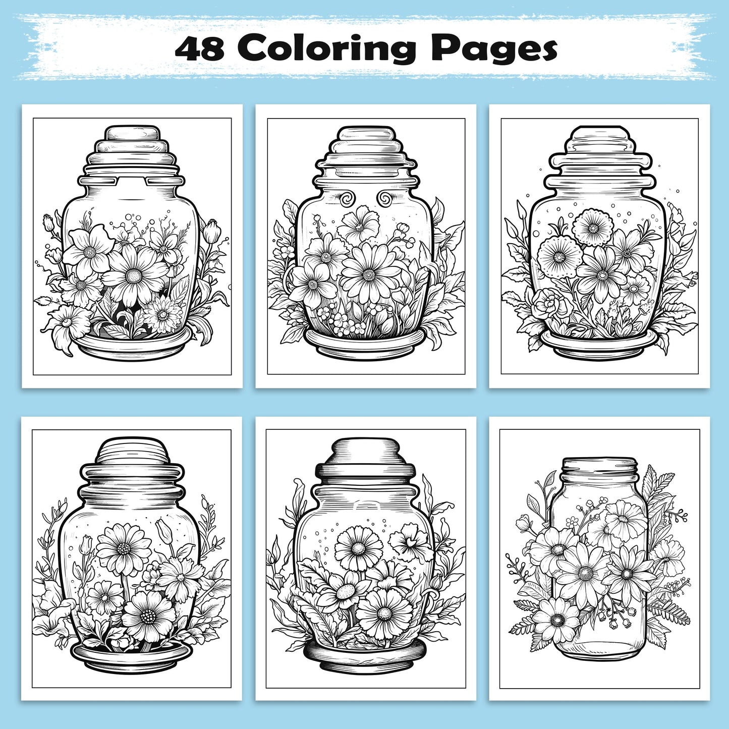 Garden in a Jar Coloring Pages – 48 Pages – Flower Jars, Nature Terrarium Scenes – For Adults