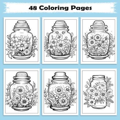Garden in a Jar Coloring Pages – 48 Pages – Flower Jars, Nature Terrarium Scenes – For Adults