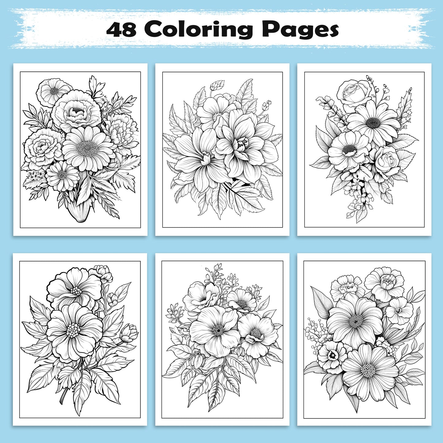 Blooming Bouquet Floral Coloring Pages – 48 Pages – Beautiful Flower Arrangements – For Adults