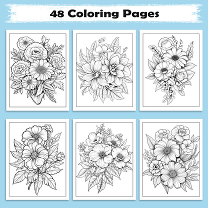 Blooming Bouquet Floral Coloring Pages – 48 Pages – Beautiful Flower Arrangements – For Adults