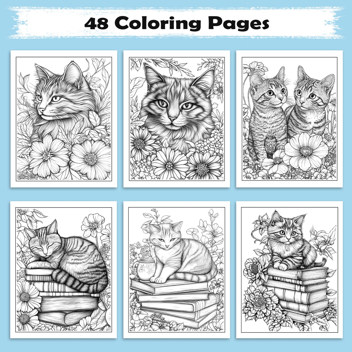 Floral Whiskers Coloring Pages – 48 Whimsical Cat and Flower Scenes for Adults