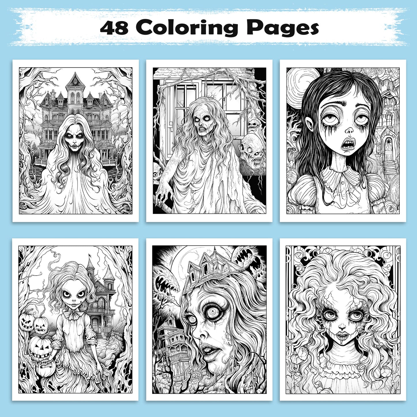 Broken Innocence Coloring Pages – 48 Pages – Creepy Doll Portraits, Cracked Porcelain Faces & Gothic Aesthetic – For Adults