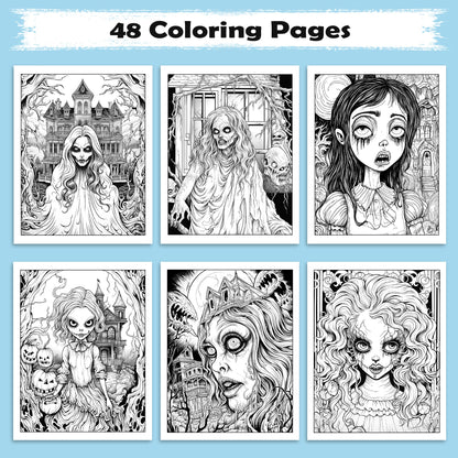 Broken Innocence Coloring Pages – 48 Pages – Creepy Doll Portraits, Cracked Porcelain Faces & Gothic Aesthetic – For Adults