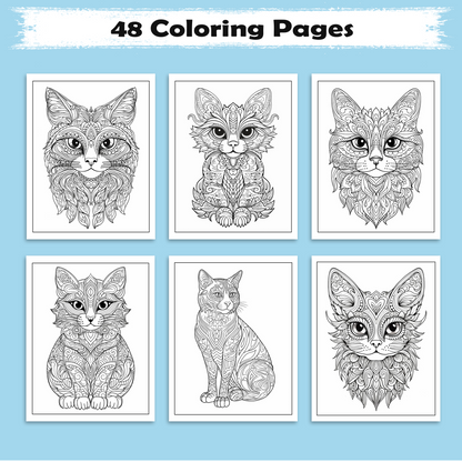 Mystic Cats – Mandala Coloring Pages – 48 Pages – Intricate Feline Patterns, Stress-Relieving Designs – For Adults