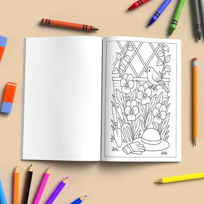 Backyard Bloomscapes – Flower Coloring Pages – 48 Pages – Cozy Gardens, Tulips, Roses, Birdhouses – For Adults