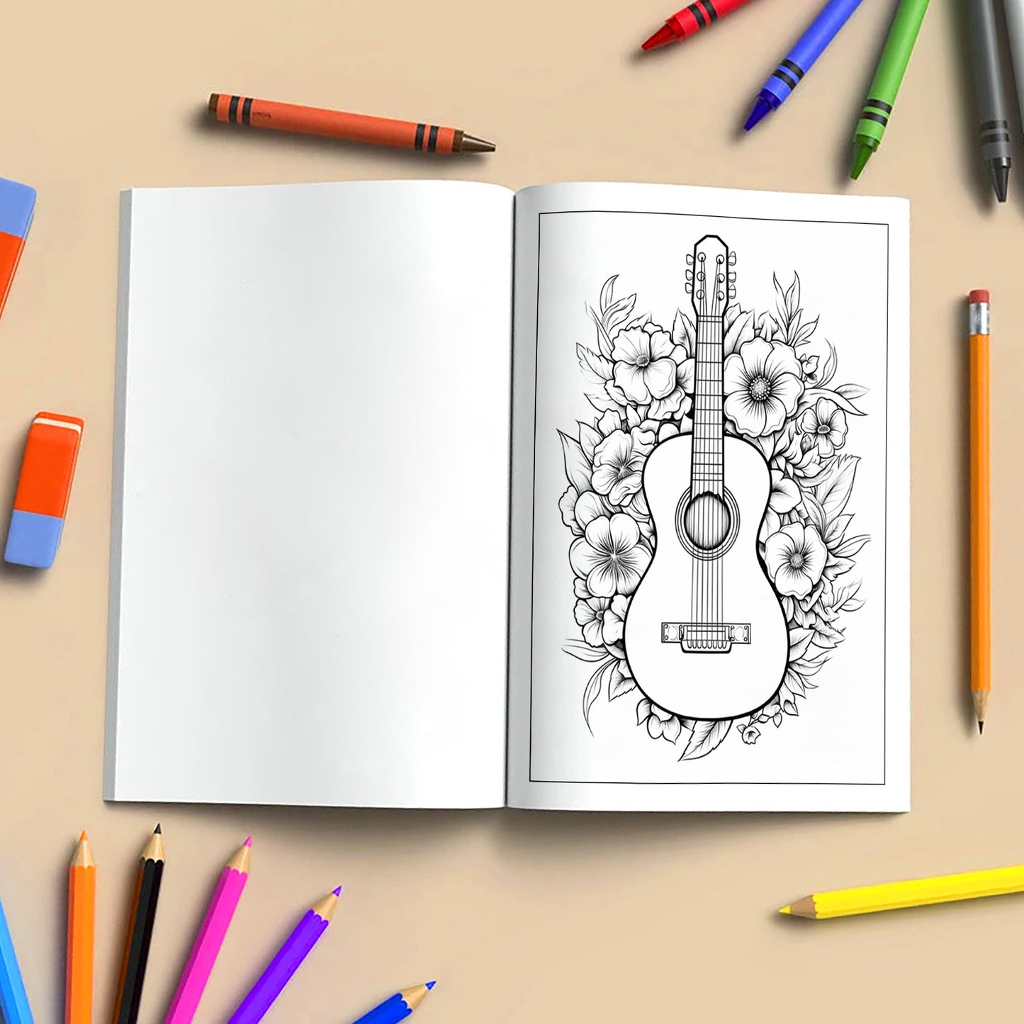 Melody in Bloom Coloring Pages – 48 Guitar and Flower Designs for Adults