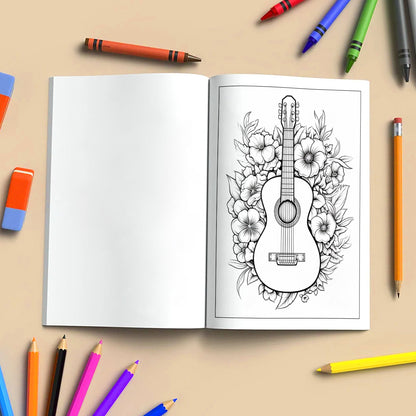 Melody in Bloom Coloring Pages – 48 Guitar and Flower Designs for Adults