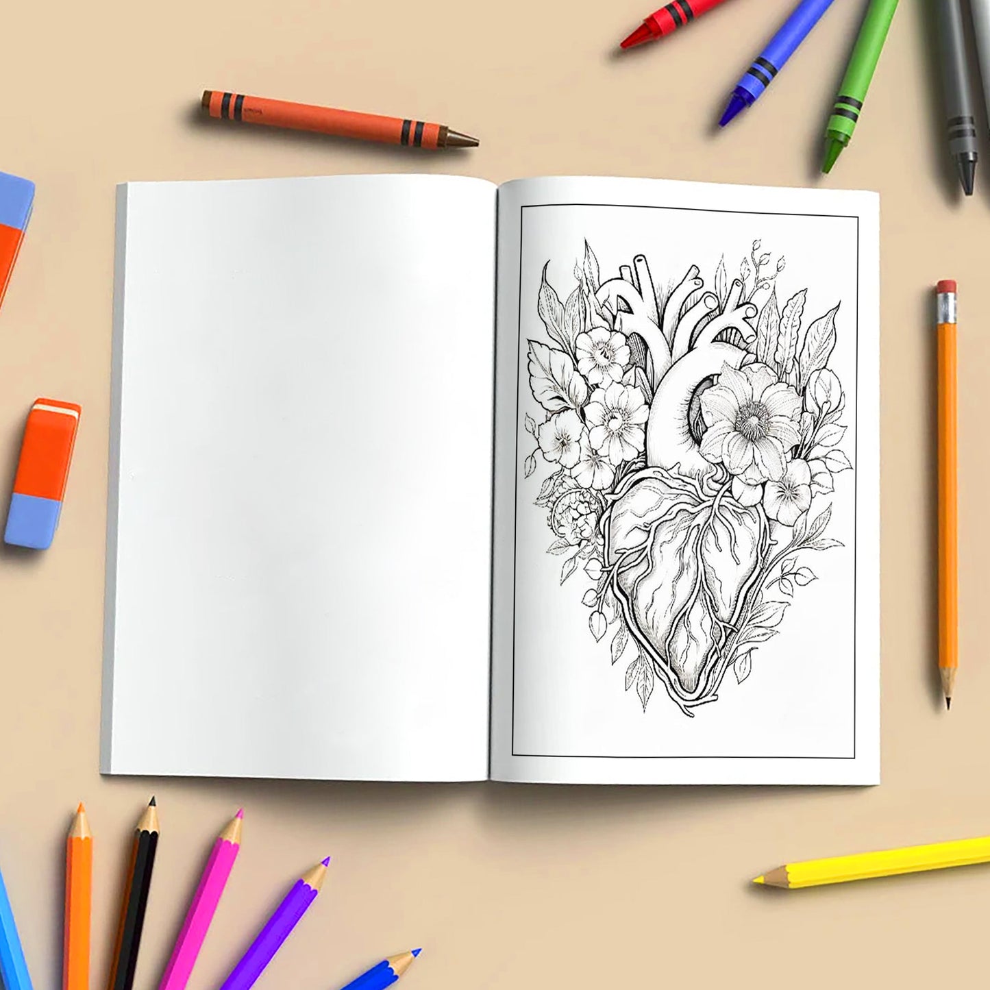 Botanical Heart Coloring Pages – 48 Pages – Beautiful Flowers, Vines, Nature – For Adults