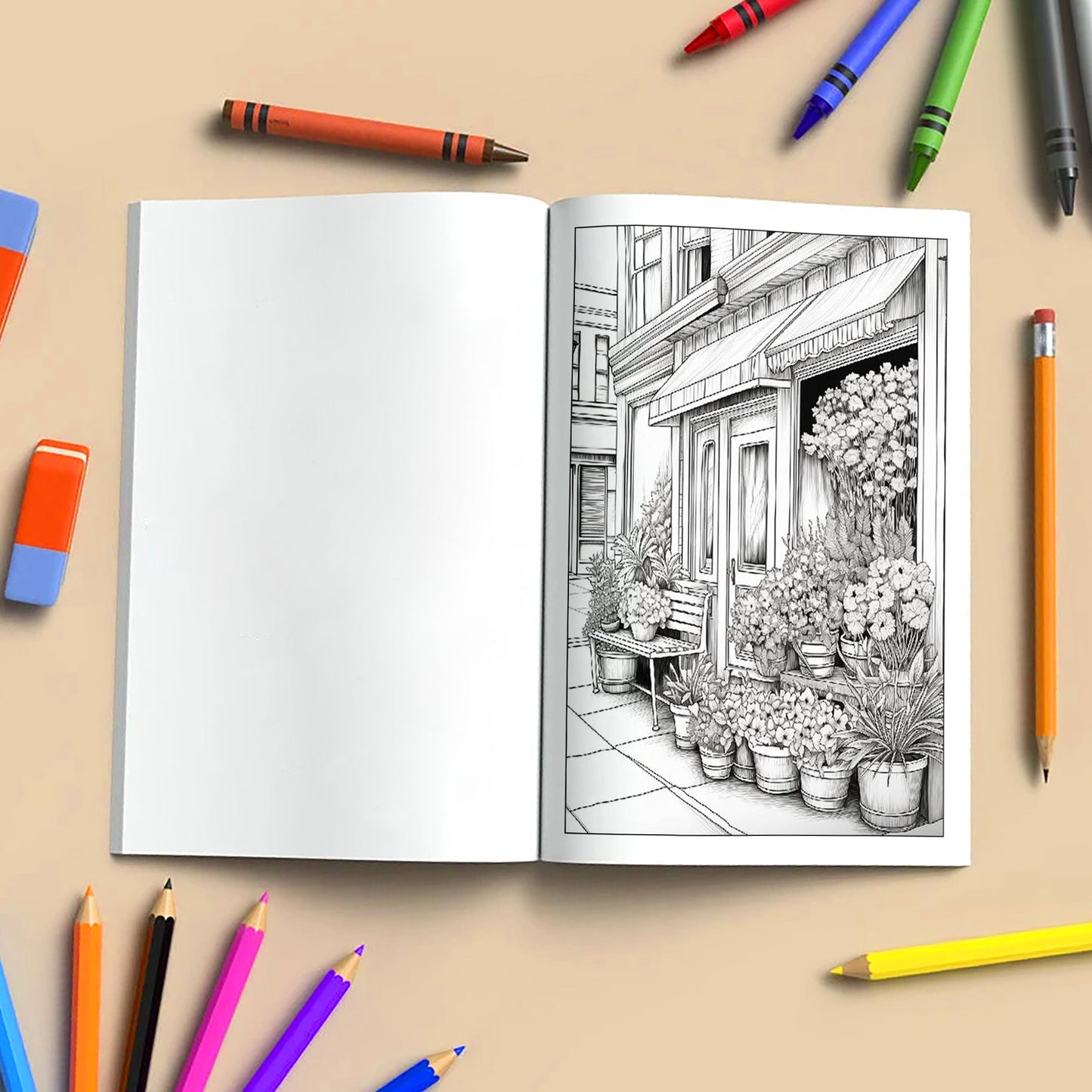 Floral Street Charm Coloring Pages – 48 Relaxing Flower Scenes for Adults