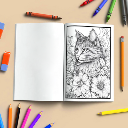 Whiskers & Blooms –  Flower Coloring Pages – 48 Pages – Cozy Cats, Floral Backgrounds, Relaxing Line Art – For Adults