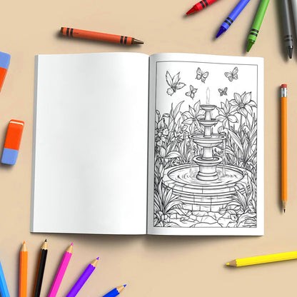 Secret Garden Fountain Coloring Pages – 48 Pages – Beautiful Garden, Fountains, and Floral Designs – For Adults