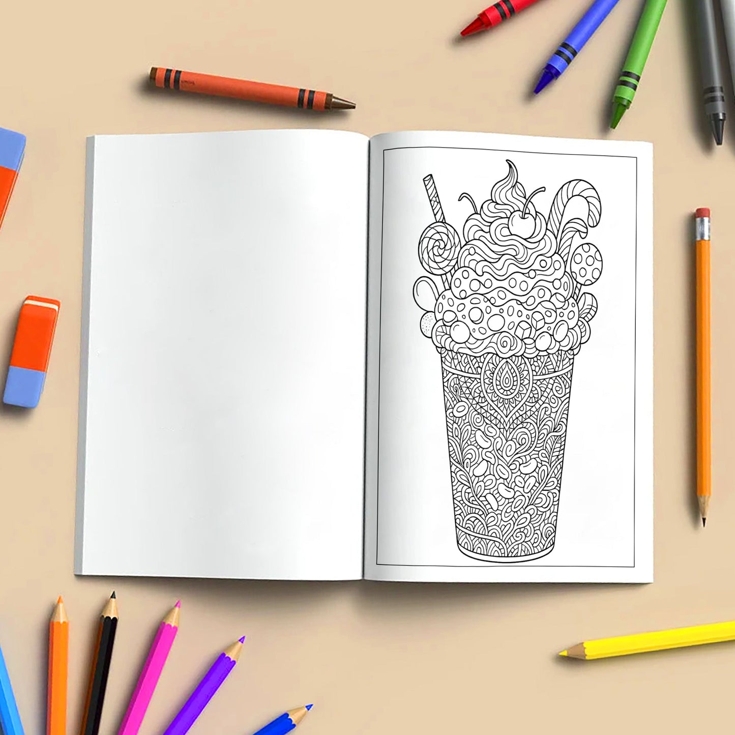 Fantasy Desserts & Drinks Mandala Coloring Pages – 48 Intricate Tropical and Space-Themed Treats for Adults