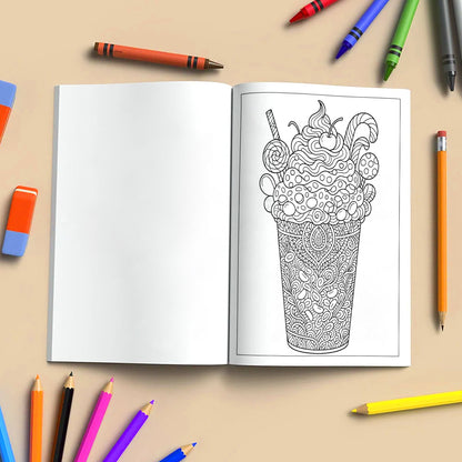 Fantasy Desserts & Drinks Mandala Coloring Pages – 48 Intricate Tropical and Space-Themed Treats for Adults