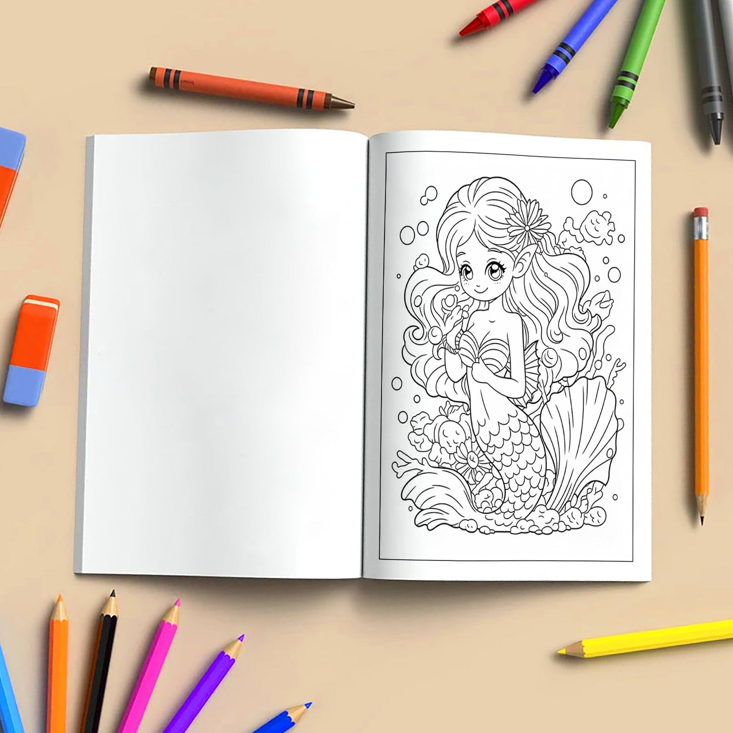 Kawaii Mermaid Magic Coloring Pages – 48 Pages – Cute Ocean, Mermaid, and Sea Life Designs – For Kids