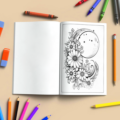 Lunar Blossoms – Flower and Moon Coloring Pages – 48 Pages – Ethereal, Dreamy, Celestial Floral Scenes – For Adults
