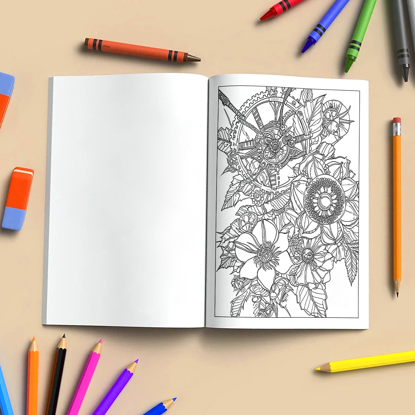 Steampunk Blooms Coloring Pages – 48 Pages – Floral Gears, Mechanical Flowers, Intricate Design – For Adults