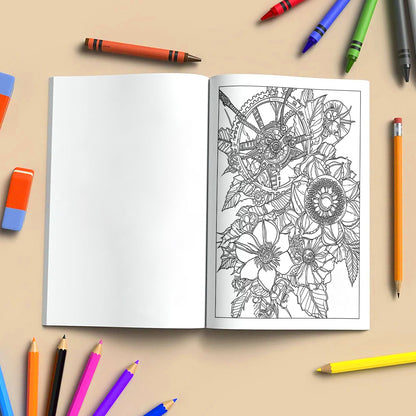 Steampunk Blooms Coloring Pages – 48 Pages – Floral Gears, Mechanical Flowers, Intricate Design – For Adults