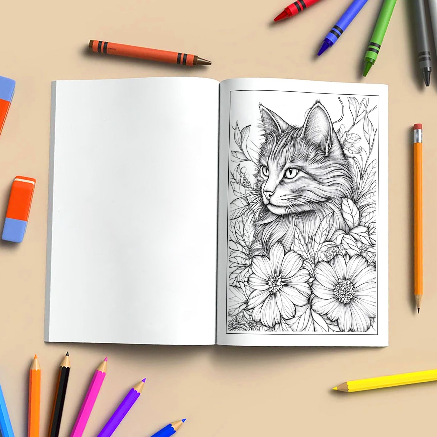 Floral Whiskers Coloring Pages – 48 Whimsical Cat and Flower Scenes for Adults