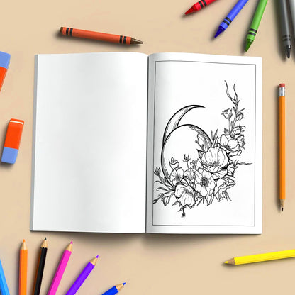 Midnight Blossoms Coloring Pages – 48 Pages – Enchanted Flowers, Starry Sky, Moonlit Scenes – For Adults