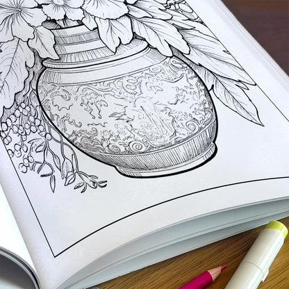 Framed Blooms Vase Coloring Pages – 48 Pages – Beautiful Flowers, Artistic Frames, Vase Designs – For Adults