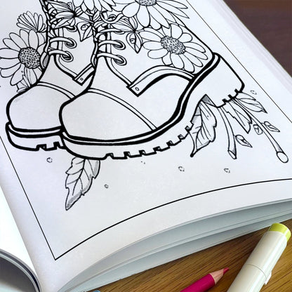 Daisy Steps Coloring Pages – 48 Charming Flower & Boot Illustrations for Adults