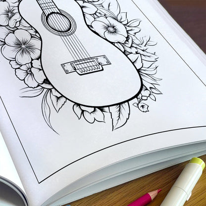 Melody in Bloom Coloring Pages – 48 Guitar and Flower Designs for Adults