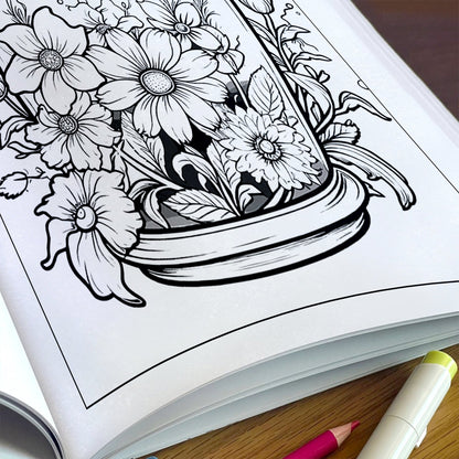 Garden in a Jar Coloring Pages – 48 Pages – Flower Jars, Nature Terrarium Scenes – For Adults