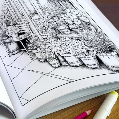 Floral Street Charm Coloring Pages – 48 Relaxing Flower Scenes for Adults