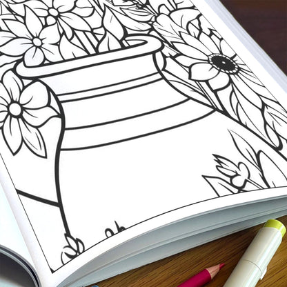 Potted Blooms – Flower Pot Coloring Pages – 48 Pages – Whimsical, Botanical, Easy-to-Color Designs – For Adults