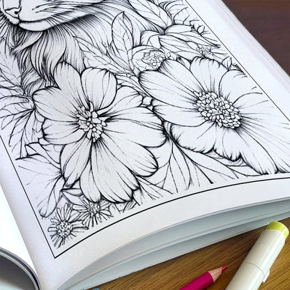 Floral Whiskers Coloring Pages – 48 Whimsical Cat and Flower Scenes for Adults