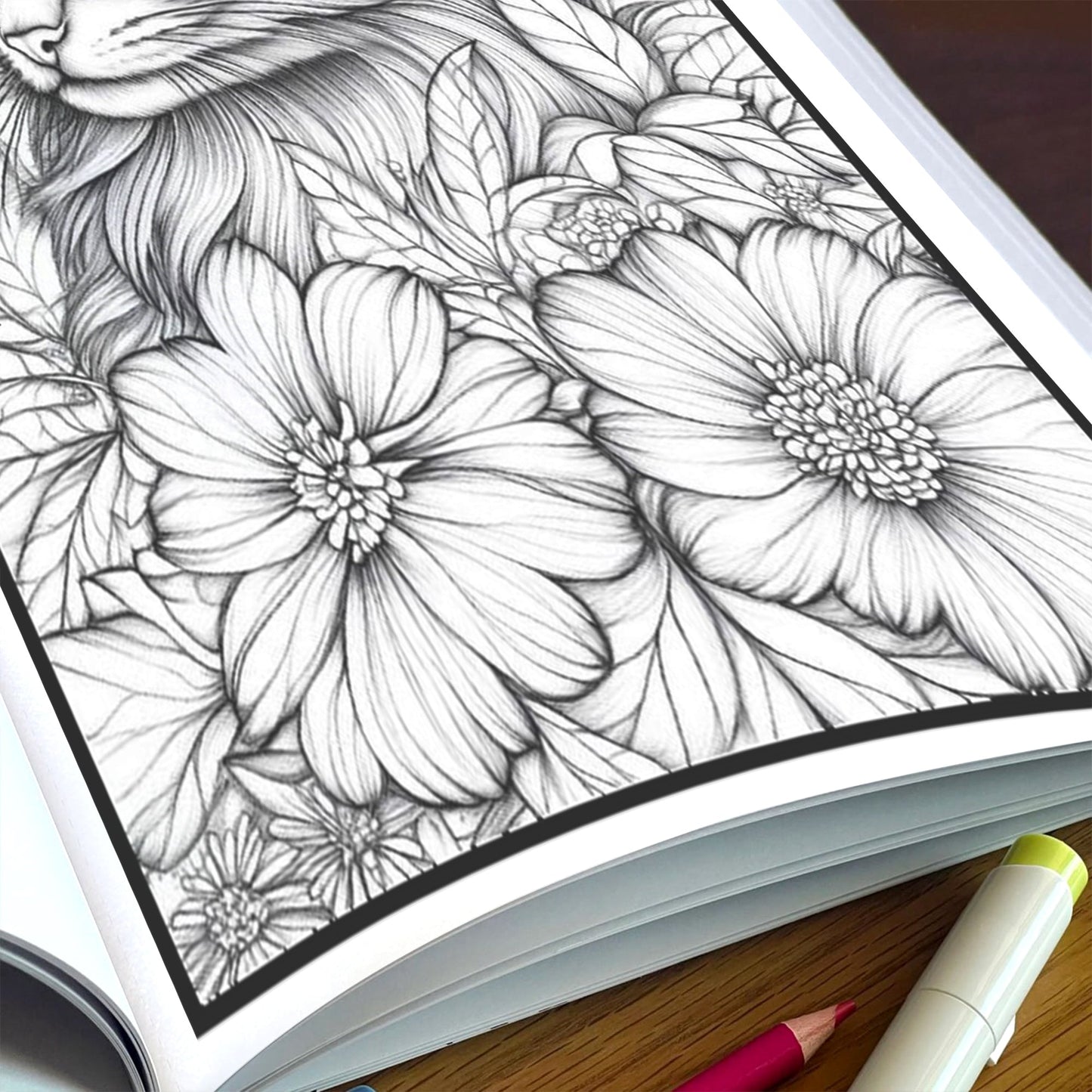 Whiskers & Blooms –  Flower Coloring Pages – 48 Pages – Cozy Cats, Floral Backgrounds, Relaxing Line Art – For Adults