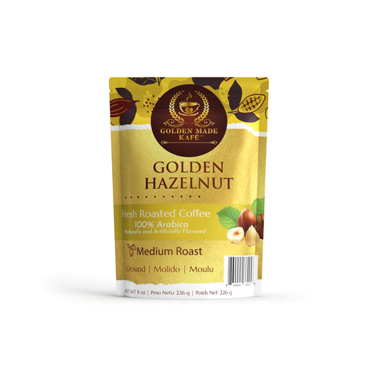 Packaging of Golden Hazelnut coffee with a yellow background