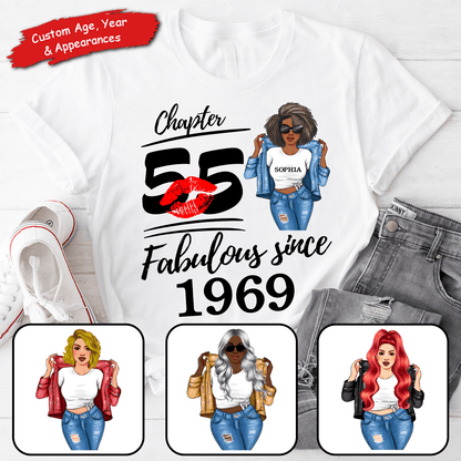 Custom Age & Year, Stepping Into a New Chapter, Turning New Age, Fabulous Since - Personalized T Shirt - Birthday, Loving, Funny Gift for Her, Wife, Mom, Mother, Grandma