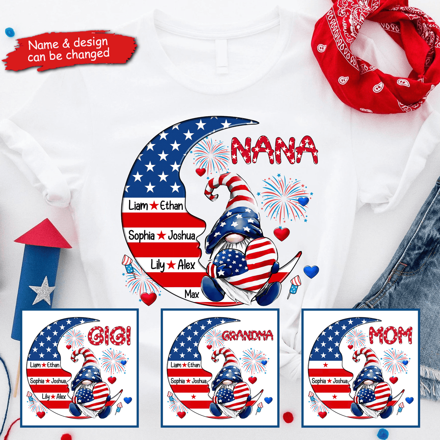 Fourth 4th Of July Grandma Patriotic Gnome - Personalized Custom Kids Names T Shirt - Independence Day, Birthday, Loving, Funny Gift for Grandma/Nana/Mimi, Mom, Wife, Grandparent