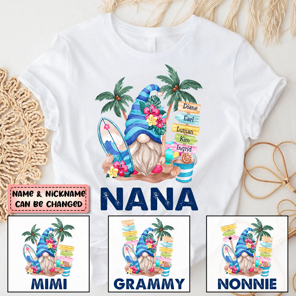 Grandma Gnome Surfboards Summer Vacation - Personalized Custom T Shirt - Summer Gift for Grandma/Nana/Mimi, Mom, Wife, Grandparent